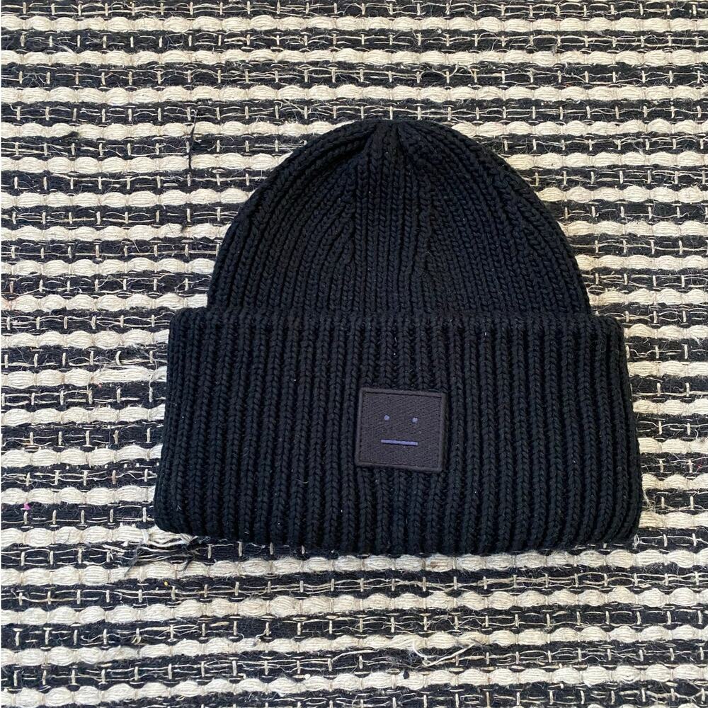 🌿Acne Studio Adult Pansy Face Patch Ribbed Wool Black Chunky knit Beanie Hat OS